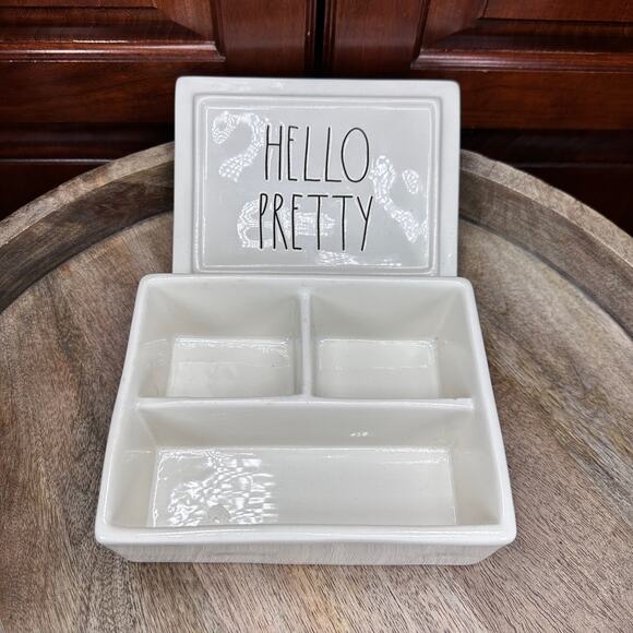 Rae Dunn HELLO PRETTY Jewelry Box Ceramic Vanity Trinket Organizer Divided Tray - Picture 7 of 16